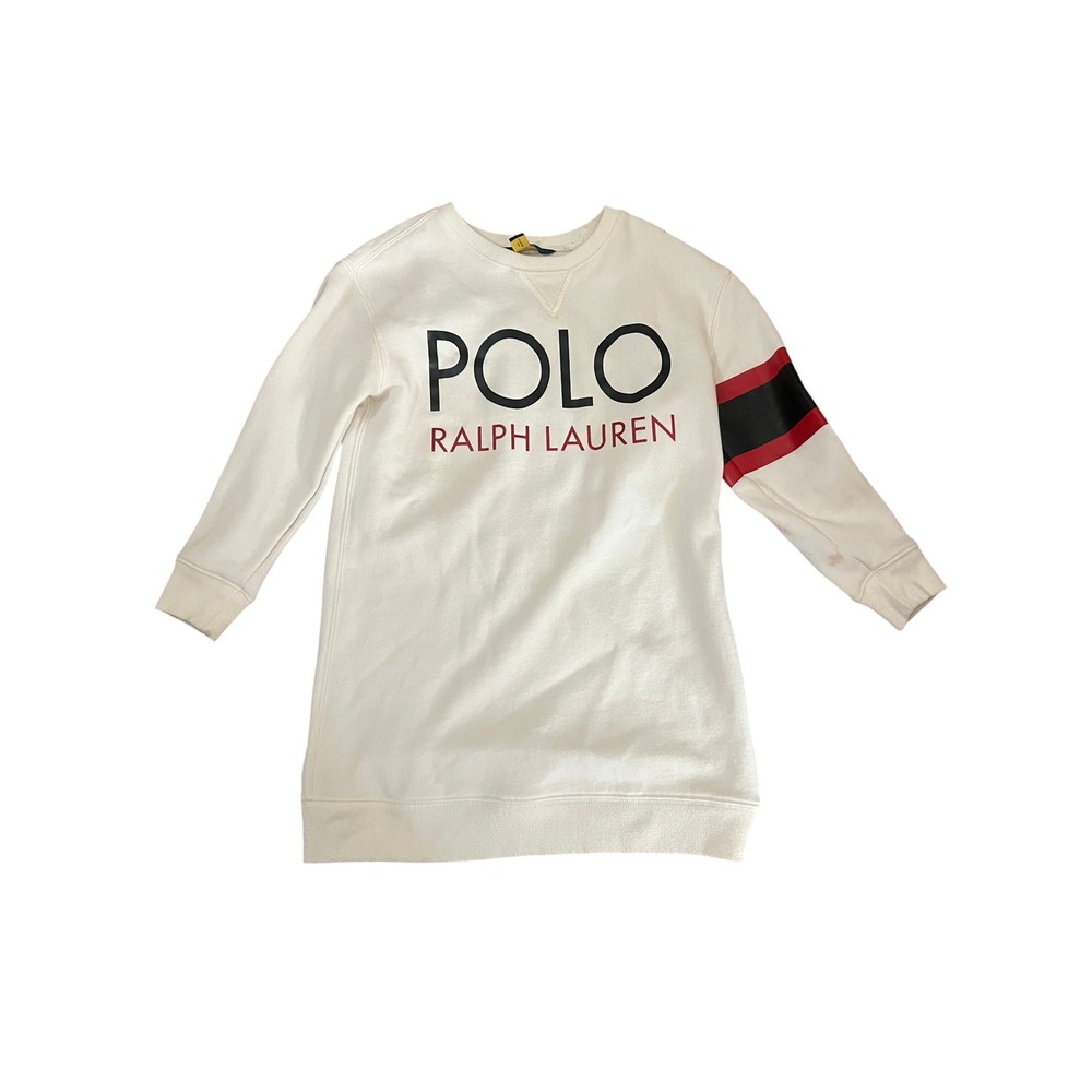 Polo Ralph Lauren Girls‎ White Logo Sweatshirt Dress Size 6X Stripe Sleeve